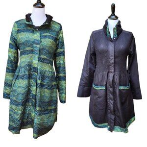 UBU Reversible Hip Jacket Trench Coat NWT Black Green/Blue Abstract Print